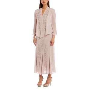 R&M Richards 2 Piece Formal Dress Beaded Maxi Dress with Matching Jacket Pink
